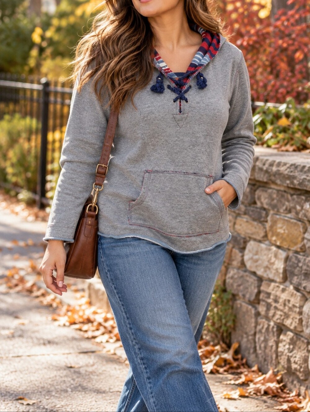 TNA Gray Hooded Pullover Sweater Striped Trim Lace-Up Kangaroo Pocket Cotton